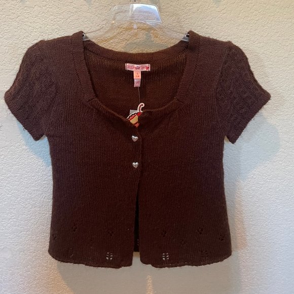 Sugar Tart Knit Blouse Woman's L Large NWT Brown Short Sleeve Heart Buttons - Picture 1 of 3